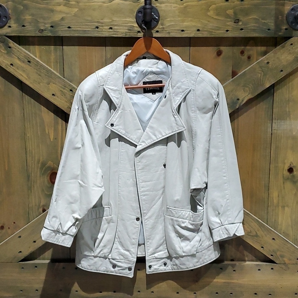 VINTAGE RETRO AVANTI LEATHER MOTO BOMBER JACKET GREY WITH PEARL SIZE SMALL